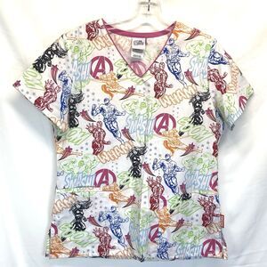 Marvel Avengers Assemble All Characters Summertime Nurses Scrubs Shirt Size XS